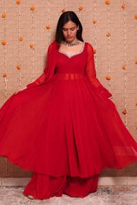 Red Floor-Length Anarkali <b>Suit</b> With Silver Traditional Indian Pakistani Wear <b>Women's</b> <b>Wedding</b> <b>Dress</b> Regular Fit - Product Image 2