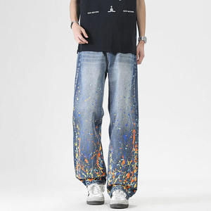 Jean large pour homme grande taille, taille mi-haute, motif peint à la main effet gouttelettes, coupe ample, 100% coton, pantalon décontracté - Product Image 3