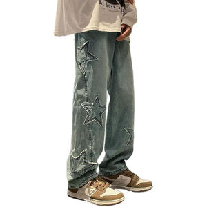 Jean ample droit en denim bleu ciel délavé, avec patchs étoiles, respirant et léger, taille mi-haute, style décontracté vintage pour le printemps - Product Image 5