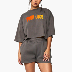 OEM Hot Selling 100% Cotton Solid Color 2 Piece <b>Set</b> for Women's Custom DTF printed logo Oversized Drop Shoulder Ladies Short <b>Set</b> - Product Image 4