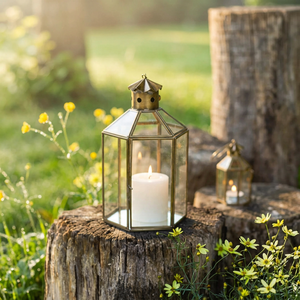 Wholesale Antique <b>Brass</b> and Glass Candle <b>Lantern</b> for Home and Garden Tabletop Hanging Decoration - Product Image 1