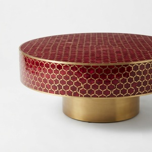Wholesale Luxury Blue And White Bone Inlay <b>Coffee</b> <b>Table</b>, Handcrafted <b>Square</b> Center <b>Table</b> <b>with</b> <b>Storage</b> Shelf And Brass Accents - Product Image 6