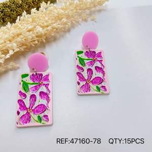 Orecchini Rettangolari con Motivi Floreali Rosa e Chiusura a Perno, Gioielli alla Moda - Product Image 3