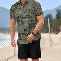 Ensemble décontracté 2 pièces pour homme : chemise et short de plage unis, personnalisable avec logo, 100 % coton léger, idéal pour l'été