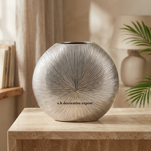 Premium Metallic Silver Circular <b>Vase</b> Radial Ribbed Textured Decorative Urn Luxury Tabletop Accent for Modern Interior Decor - Product Image 2