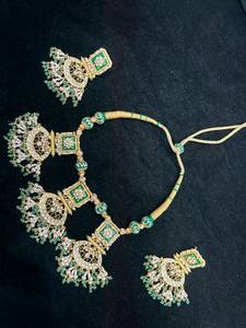 TISHYA DIAMOND Ethnic Gold Plated Ruby Imitation <b>Pearl</b> Necklace Earring <b>Set</b> Green Enamel Flower Design for Women Wedding <b>Jewelry</b> - Product Image 2