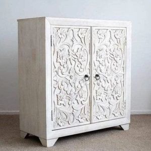 Handmade Traditional Antique Solid Carved <b>Sideboard</b> Cabinet Whitewash Finish 2 Doors Storage Console for Home Hotel Villa Living - Product Image 3