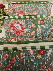 Sacs à maquillage en coton durable à rayures vertes et motifs floraux imprimés, pochettes indiennes, trousse de toilette de voyage, organiseur de cosmétiques - Product Image 3