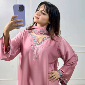 Ensemble Salwar Kameez Traditionnel Pakistanais en Soie Satinée Premium pour Femme, Ourlet Festonné, Motif Floral, Coupe Ajustée, Idéal Mariage Hiver Été - Product Image 1
