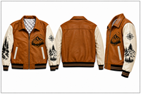 Blouson Bomber Réversible Personnalisé en Similicuir Marron à Motif Montagne à Carreaux, Style Décontracté Streetwear, Boutons Cachés