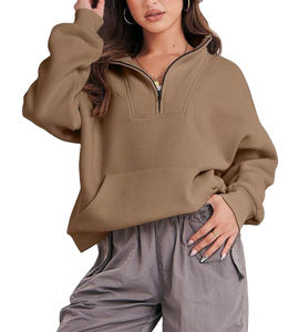 Sweat-shirt à capuche mi-zippé pour femme, hiver, manches longues, en polaire oversize, respirant, anti-plis, avec logo frontal, service OEM - Product Image 4