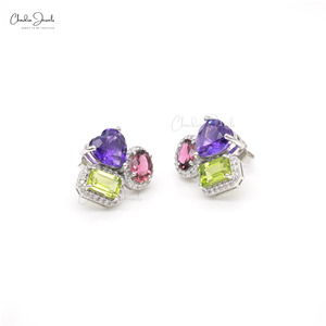 Luxury 4.41CTW Multi Gemstone Stud Push <b>Back</b> <b>Earrings</b> Crafted in 14K White Gold Diamond Halo Diamond <b>Earrings</b> at Wholesale Price - Product Image 3