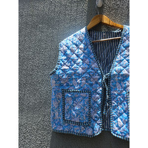 Chaleco Acolchado de Algodón con Estampado Floral Azul, Chaqueta con Cintura Ajustable con Cordón para Mujer, Ropa Exterior Informal, Regalo para Ella - Product Image 2