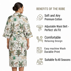 ชุดกิโมโนผ้าฝ้ายออร์แกนิคพิมพ์ลายด้วยมือ |   ชุดคลุมอาบน้ำพิมพ์ลายดอกไม้และสัตว์สำหรับผู้หญิงคอวี |   ชุดลำลองแขนยาวแบบยั่งยืน - Product Image 6