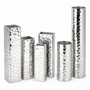 Hammered Aluminum Flower <b>Vase</b> Set Modern Silver Metal <b>Vases</b> <b>Square</b> Round Design for Home Living Room Table Centerpiece Decor Art - Product Image 2