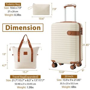 20 Inch Cream Carry-On Luggage Set 3 Piece Lightweight Hardshell ABS <b>Suitcases</b> with Airline Approved <b>Wheels</b> 22x14x9 Inches - Product Image 3