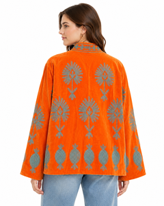 Women Velvet Embroidered <b>Quilted</b> <b>Jacket</b> O-Neck Regular Sleeve Floral Boho Style Winter Coat Handmade Suzani <b>Pattern</b> Reversible - Product Image 2