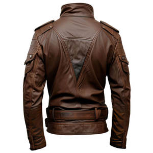 Chaqueta de Motociclista para Hombre, de Cuero Genuino Marrón, con Detalle de Correa y Cinturón en la Cintura - Product Image 2