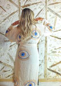 Kimono largo de algodón crepé con bordado de ojo, estilo bohemio, para mujer, albornoz envolvente, abrigo de casa, moda étnica bohemia vintage, el mejor. - Product Image 5
