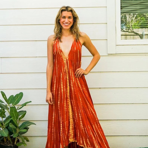 Vestido Largo Informal para Mujer, Color Rojo y Amarillo, Tejido de Rayón, Cuello en V, Sin Mangas, Estilo Holgado, para Vacaciones de Verano y Playa - Product Image 1