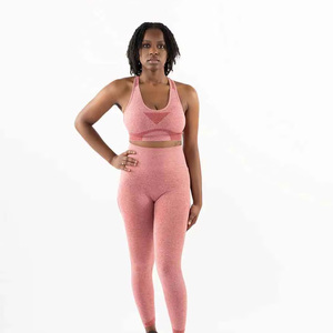 Women's Pink Seamless Yoga Set Racerback Crop <b>Top</b> High Waist Full Length Leggings Solid Color Spandex Polyester Activewear - Product Image 1