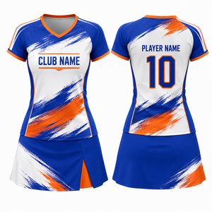 Conjunto Deportivo Personalizado de Voleibol para Mujer, Sublimado, Degradado Azul, Naranja y Blanco, Cuello en V, Manga Corta, Secado Rápido - Product Image 1