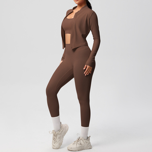 Ensemble de yoga 3 pièces côtelé sans couture pour femme, personnalisé OEM, vêtements de sport, leggings taille haute, soutien-gorge de sport, veste zippée - Product Image 6