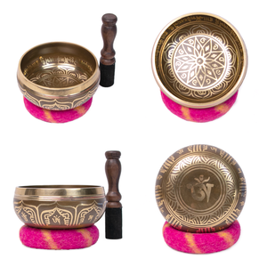 Ensemble de bols chantants tibétains de 11 cm en laiton gravé, avec coussin et maillet en cuir pour la méditation - Product Image 5