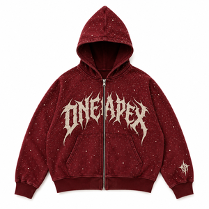 Sudadera con capucha y cremallera para hombre, color burdeos, con lavado ácido, estampado gráfico de estrellas, estilo oversize, ropa urbana, fabricante de ropa personalizada - Product Image 1