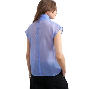 Blusa Transparente de Cuello Alto para Mujer, Top de Manga Corta con Cierre de Botones en la Espalda, Dobladillo Curvo, Lisa, Transparente, para Trabajar o Combinar en Capas, Camisa de Verano - Product Image 2