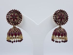Pendientes Jhumki Hechos a Mano, Estilo Bollywood, Color Vino Tinto, Jhumka con Cristales de Imitación en Oro Mate Antiguo, Joyería para Novia, Boda, Saree - Product Image 3