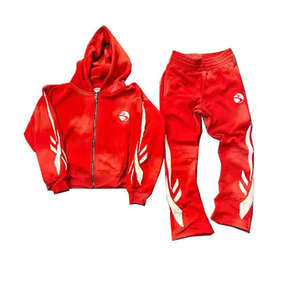 Ensemble de survêtement vintage d'hiver 100 % coton délavé à l'acide pour homme, comprenant un sweat à capuche et un pantalon de survêtement évasé imprimé et vieilli - Product Image 2