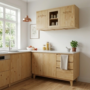 Mueble de Cocina Rústico de Madera Maciza, Gabinete de Especias Montado en la Pared con Puerta de Vidrio, Consola de Almacenamiento con Cajones, Mueble de Despensa - Product Image 2
