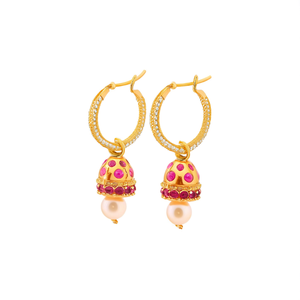 Vintage Gold Plated Bridal Hoop Earrings with Crystal Pearl and Ruby - Product Image 2