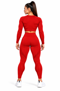 Red 2 Piece Yoga Set Women <b>Long</b> Sleeve Crop <b>Top</b> <b>Leggings</b> Breathable Solid Quick Dry Printed Activewear Gym Workout Outfit - Product Image 2