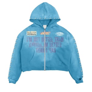 Sudadera con capucha extragrande con cremallera, adornos de perlas y diseño estampado frontal para uso unisex en invierno, estilo americano. - Product Image 1