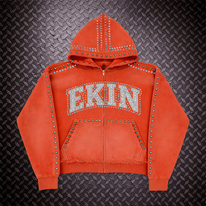 Qualité supérieure, personnalisable, avec fermeture éclair et strass, en coton épais French Terry, délavé à l'acide, style vintage, streetwear automne, écologique - Product Image 1