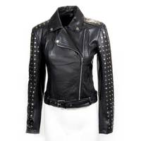 Veste en cuir cloutée pour femme, noire, style motard, punk, cuir véritable, fournisseur OEM, vente en gros