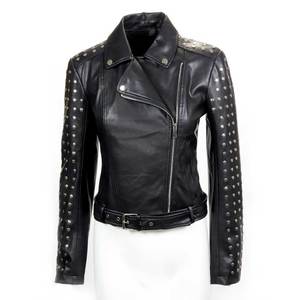Women Studded Leather <b>Jacket</b> Black Biker Motorcycle <b>Punk</b> Style Genuine Leather OEM Custom Wholesale Supplier - Product Image 3