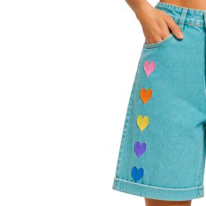 Shorts en jean pour femme, taille haute, coupe ample, ourlet retroussé, en coton, brodés cœur arc-en-ciel bleu aqua, style décontracté, mode été - Product Image 3