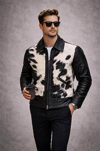 Chaqueta de Cuero Genuino para Hombre, Estilo Motero, con Cuello Camisero, Cierre de Cremallera, Estampado Animal, para Invierno - Product Image 2
