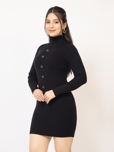 <b>Women</b> Vintage <b>Wool</b> Mini Ribbed Knit Breathable Thin Bodycon <b>Dress</b> | Full Sleeve High Neck Button Detail | Stretchable Winter - Product Image 2