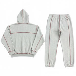 Gray Hooded Tracksuit Set Full Sleeve Solid Color Casual Wear with Side Pockets and Elastic Waist 100% Cotton Autumn Style - Product Image 2
