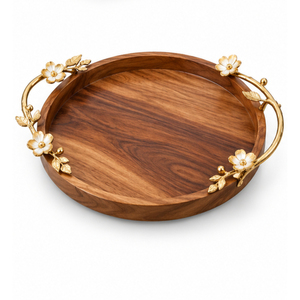 Handcrafted Mango Wood <b>Decorative</b> Tray with <b>Gold</b> Floral Metal Handles for Hotel Restaurant Catering and Living <b>Room</b> Coffee Table - Product Image 5