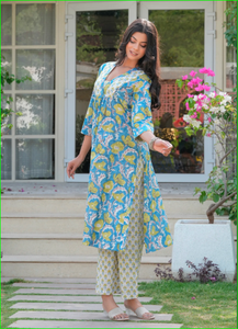 ชุดคุรตะทรงเอไลน์ลายดอกไม้สีฟ้าแบบพิมพ์ลายด้วยมือ ชุดคุรตะซัลวาร์ - Product Image 5