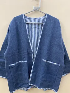 Chaqueta Kimono Informal Unisex de Primera Calidad, Tejida a Mano, Color Azul Índigo, de Algodón y Lino Texturizado, Estilo Abrigo Abierto, Gran Venta 2026 - Product Image 3