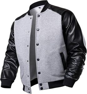 Veste varsity grise pour homme avec manches en cuir PU noir, col rabattu, vêtement décontracté d'automne, coupe régulière, fermeture à boutons - Product Image 1