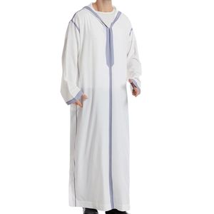 White Lavender Stitch Detail <b>Thobe</b> Fine Polyester Open Collar Contemporary Design Lightweight Refined Islamic Apparel <b>Men</b> Thobes - Product Image 4