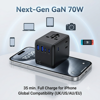 Adaptateur de voyage universel compact Gan 70W 6-en-1 avec 2 USB et 2 Type C pour Royaume-Uni, États-Unis, UE, Australie