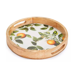 Plateau de service émaillé en bois fait main, motif végétal, arbre fruitier orange, poignées larges, design classique, cadeau - Product Image 1